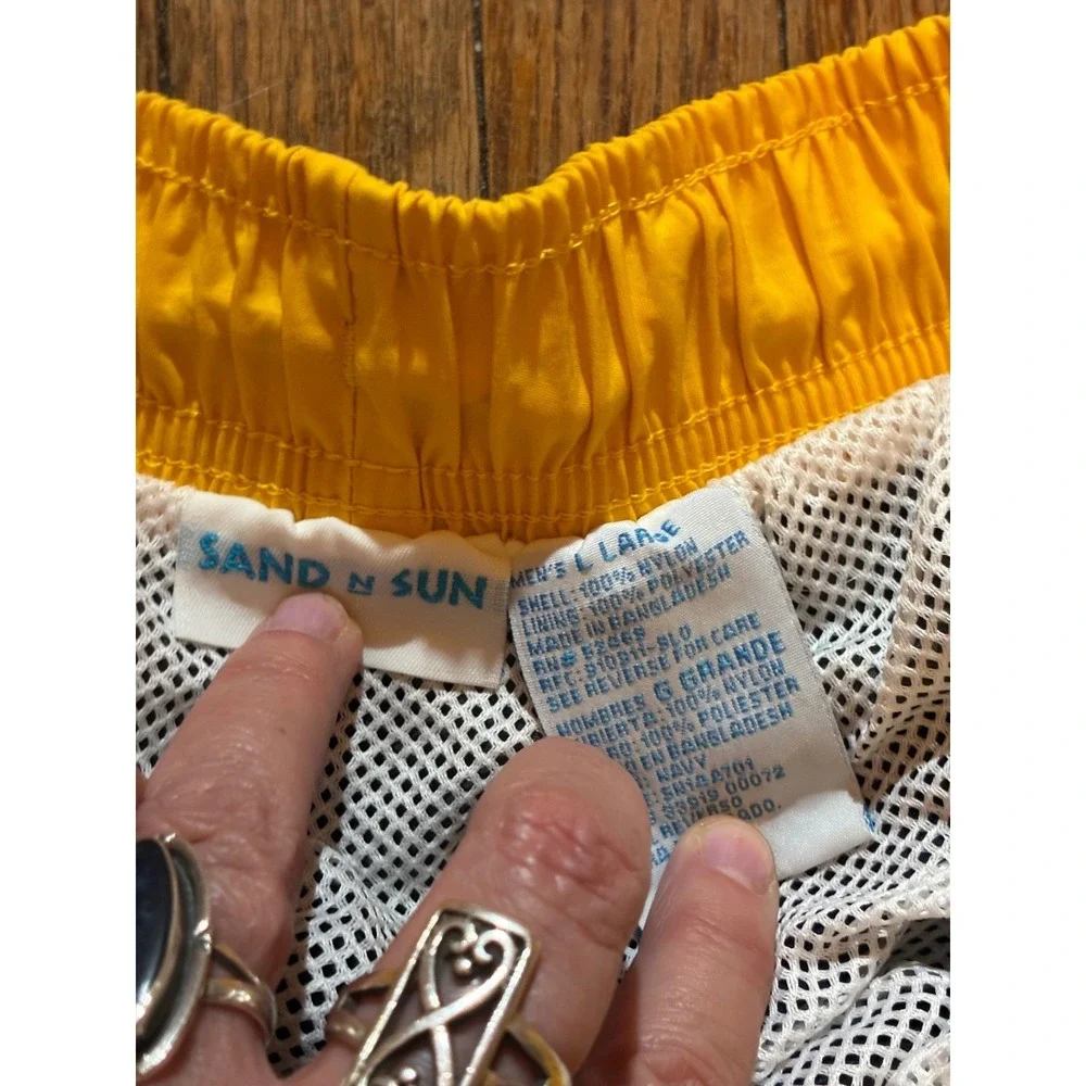 Vintage Sand N Sun Mens Swim Trunks Colorblock Navy Yellow Board Shorts Lrg
